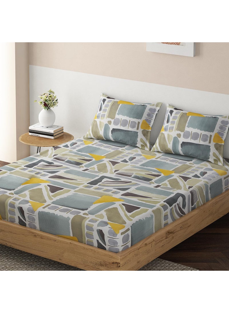 HOKIPO Brushed Microfiber 135 GSM Printed Elastic King Size Fitted Bedsheet, 78x72 inches with 2 Pillow Cover, Abstract Prints Grey (IN-630-D22)