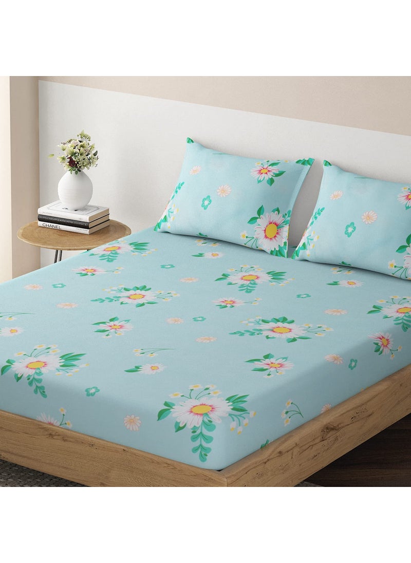 HOKIPO Brushed Microfiber 135 GSM Printed Elastic Double Bed Fitted Bedsheet, 72x72 inches with 2 Pillow Cover, Floral Rhine Blue (IN-690-D1)