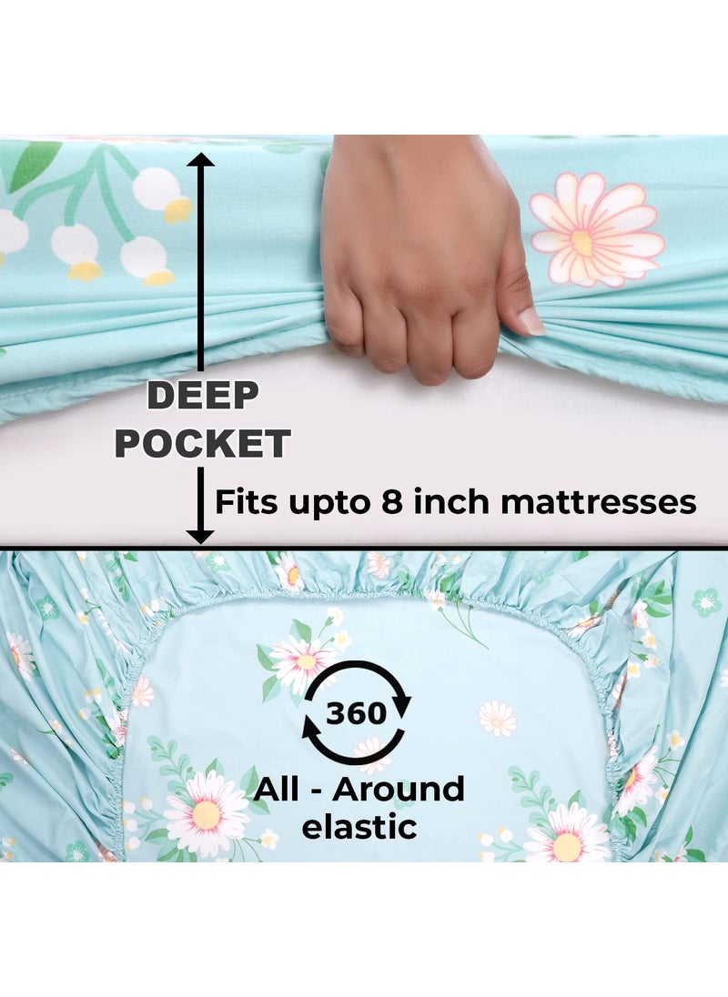 HOKIPO Brushed Microfiber 135 GSM Printed Elastic Double Bed Fitted Bedsheet, 72x72 inches with 2 Pillow Cover, Floral Rhine Blue (IN-690-D1)