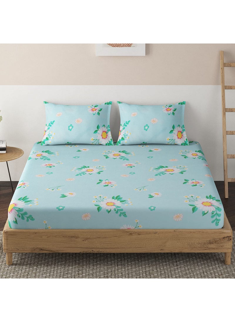 HOKIPO Brushed Microfiber 135 GSM Printed Elastic Double Bed Fitted Bedsheet, 72x72 inches with 2 Pillow Cover, Floral Rhine Blue (IN-690-D1)