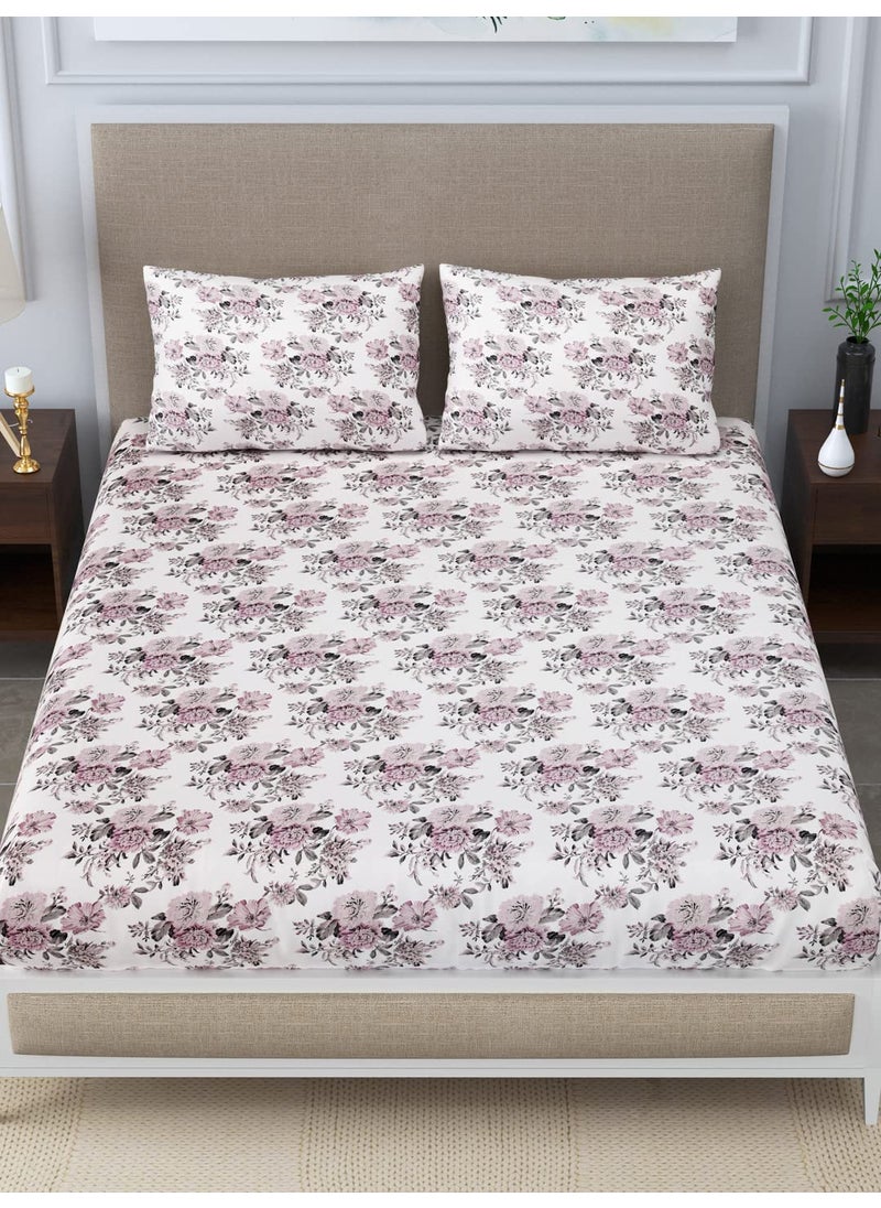 LINENWALAS 100% Cotton Elastic Fitted Sheet with 2 Pillow Cover, Ultra Soft 300 Thread Count Printed Bedsheet (72x78 Inches, Boho Mink Floral)