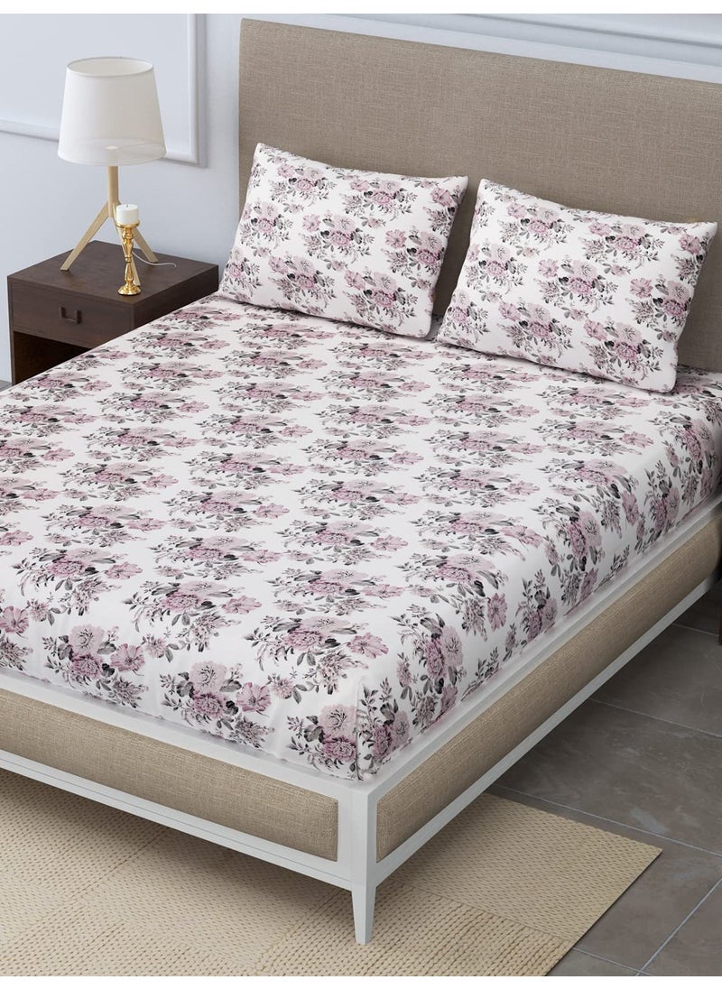 LINENWALAS 100% Cotton Elastic Fitted Sheet with 2 Pillow Cover, Ultra Soft 300 Thread Count Printed Bedsheet (72x78 Inches, Boho Mink Floral)