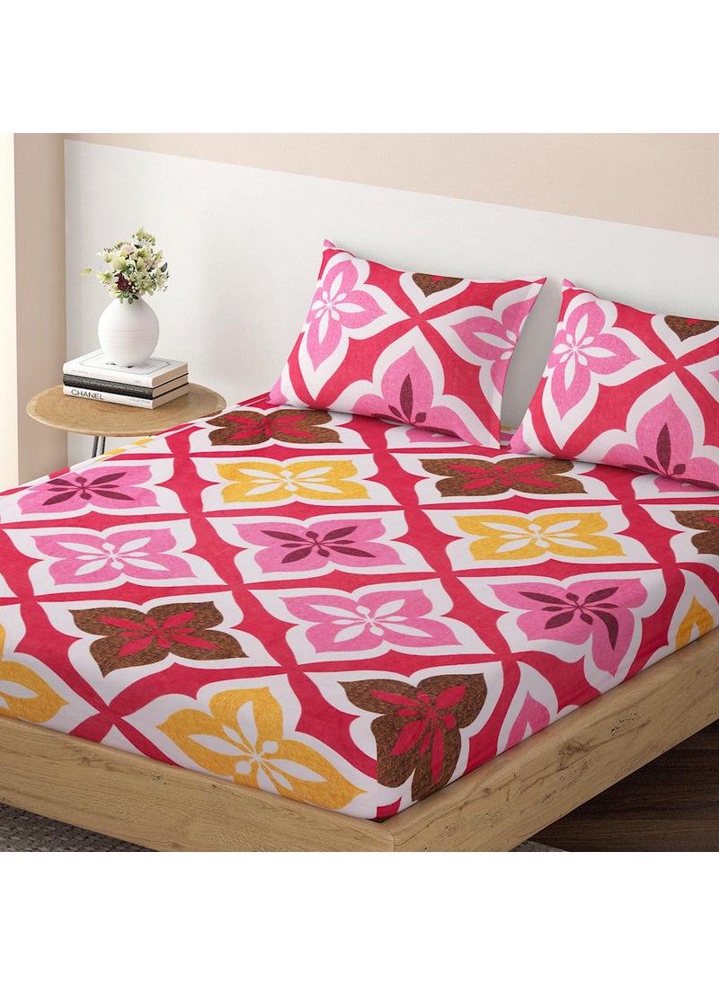 HOKIPO Brushed Microfiber 125 GSM Elastic Fitted Bedsheets Double Bed Size, 72x72 inches with 2 Pillow Cover, Taffy Pink Flower (IN-698-D8)