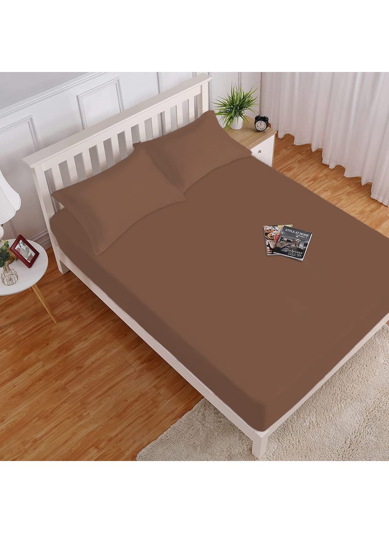 HOKIPO Cotton Feel Brushed Microfiber Elastic Fitted Bedsheets King Size Bed with 2 Pillow Cover, (Majestic, Brown, 84 * 72 Inches) (AR-4717-BRN)