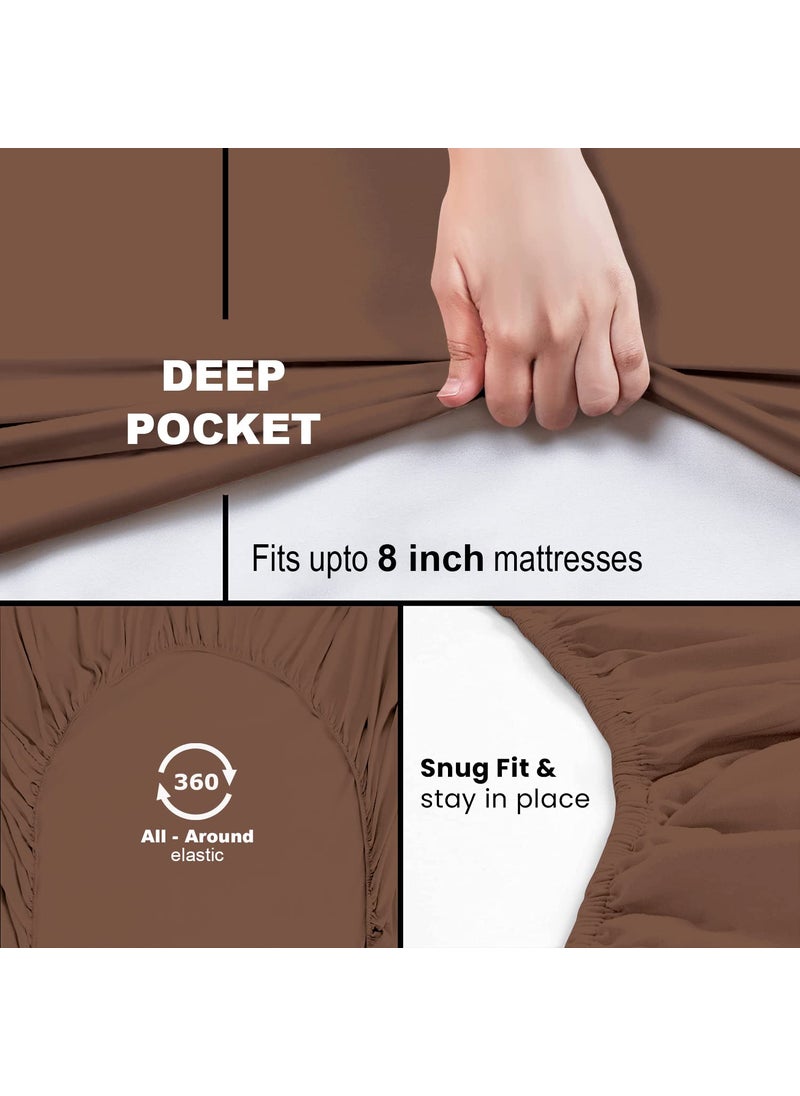 HOKIPO Cotton Feel Brushed Microfiber Elastic Fitted Bedsheets King Size Bed with 2 Pillow Cover, (Majestic, Brown, 84 * 72 Inches) (AR-4717-BRN)