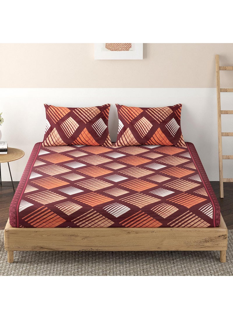 HOKIPO Brushed Microfiber 125 GSM Printed Fitted Bedsheets King Size with 2 Pillow Cover, Mahogny Red Sqaure Lines (IN-695-D9)