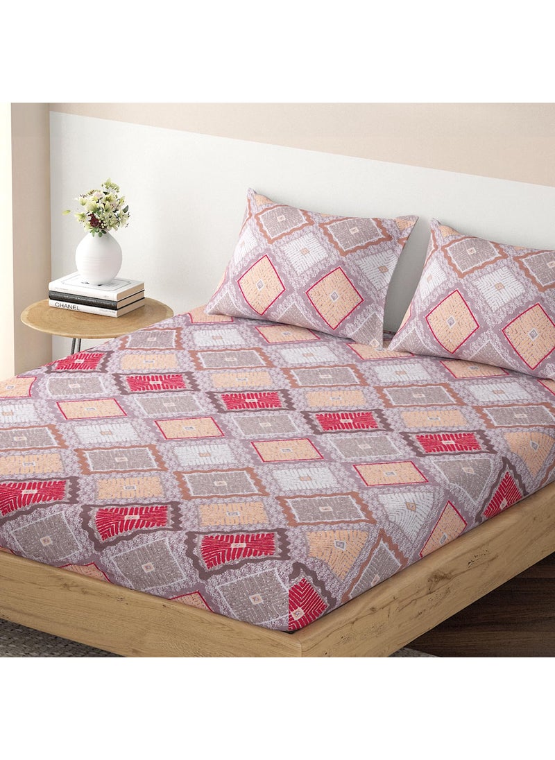 HOKIPO Brushed Microfiber 125 GSM Elastic Fitted Bedsheets Double Bed Size, 72x72 inches with 2 Pillow Cover, Wavy Rhombus Mocha Brown (IN-694-D7)