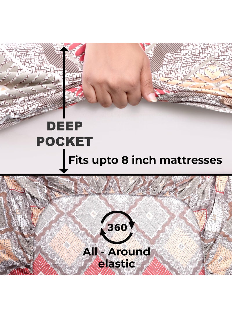 HOKIPO Brushed Microfiber 125 GSM Elastic Fitted Bedsheets Double Bed Size, 72x72 inches with 2 Pillow Cover, Wavy Rhombus Mocha Brown (IN-694-D7)