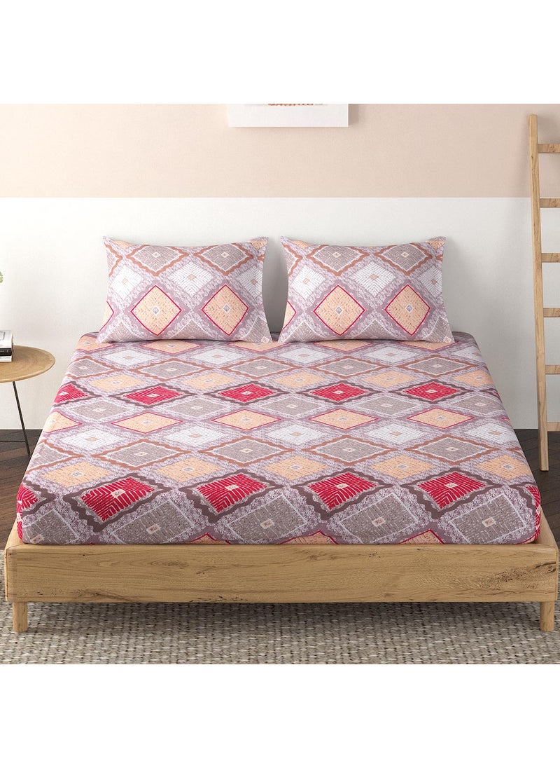 HOKIPO Brushed Microfiber 125 GSM Elastic Fitted Bedsheets Double Bed Size, 72x72 inches with 2 Pillow Cover, Wavy Rhombus Mocha Brown (IN-694-D7)