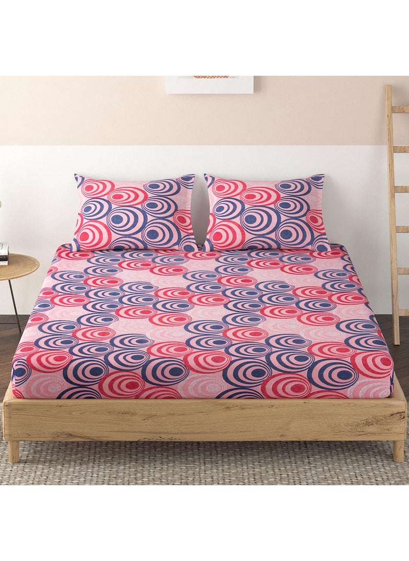 HOKIPO Brushed Microfiber 125 GSM Elastic Fitted Bedsheets Double Bed Size, 72x72 inches with 2 Pillow Cover, Punch Pink Blue Cocentric Circle (IN-698-D1)