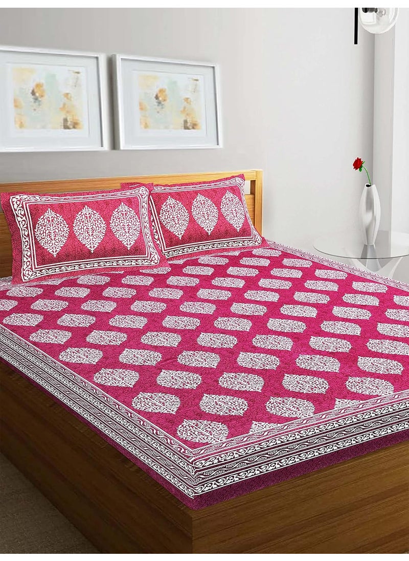 RajasthaniKart® Pure 100% Cotton Double Bed Sheet with 2 Pillow Covers (Bedsheet for Double Bed Cotton, Pink, 90x94 inches)