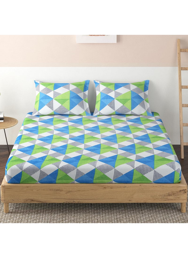 HOKIPO Brushed Microfiber 125 GSM Elastic Fitted Bedsheets Double Bed Size, 72x72 inches with 2 Pillow Cover, Lime Green Blue Rhombus (IN-698-D5)