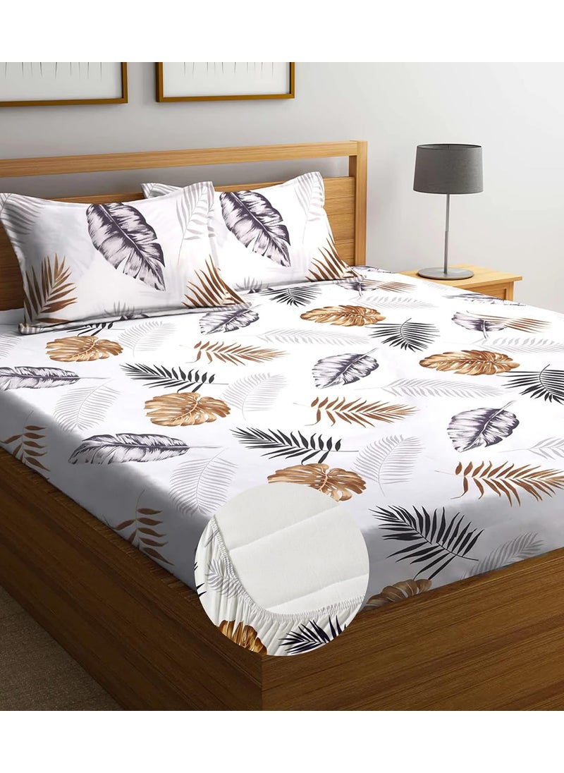 NEW LEAF Cotton All Around Elastic Fitted Premium Prints Queen Size Double Bed Bedsheet with 2 Large Pillow Covers Fits Upto Mattress of 8 Inches,Size-60