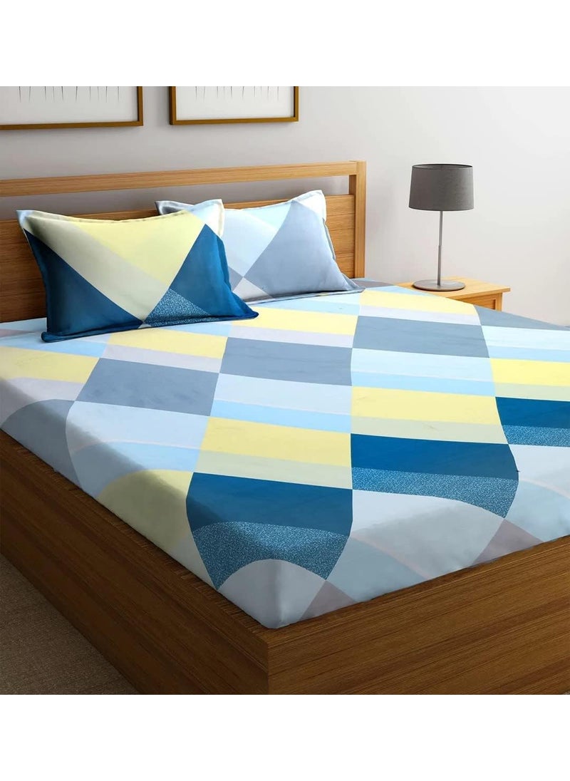 NEW LEAF Premium Cotton Elastic Fitted Bedsheets with 2 King Size Pillow Covers | Double Bed with All Around Elastic 180 TC Supersoft | Size - 72 King Sizex78+10 inches | Blue White Daimond Shape