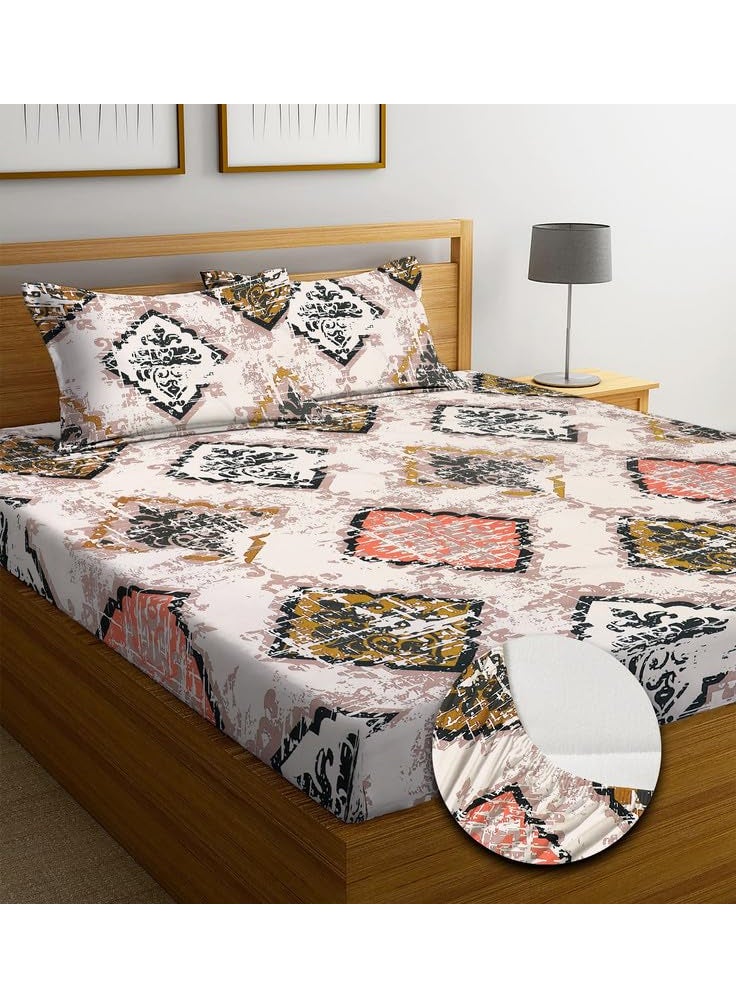 NEW LEAF Premium Cotton 220 TC Elastic Fitted Bedsheets with 2 Pillow Covers | Double/King Bed with All Around Elastic Wrinklefree Supersoft Breathable |Size-78 x72+10 inches | Black White & Orange