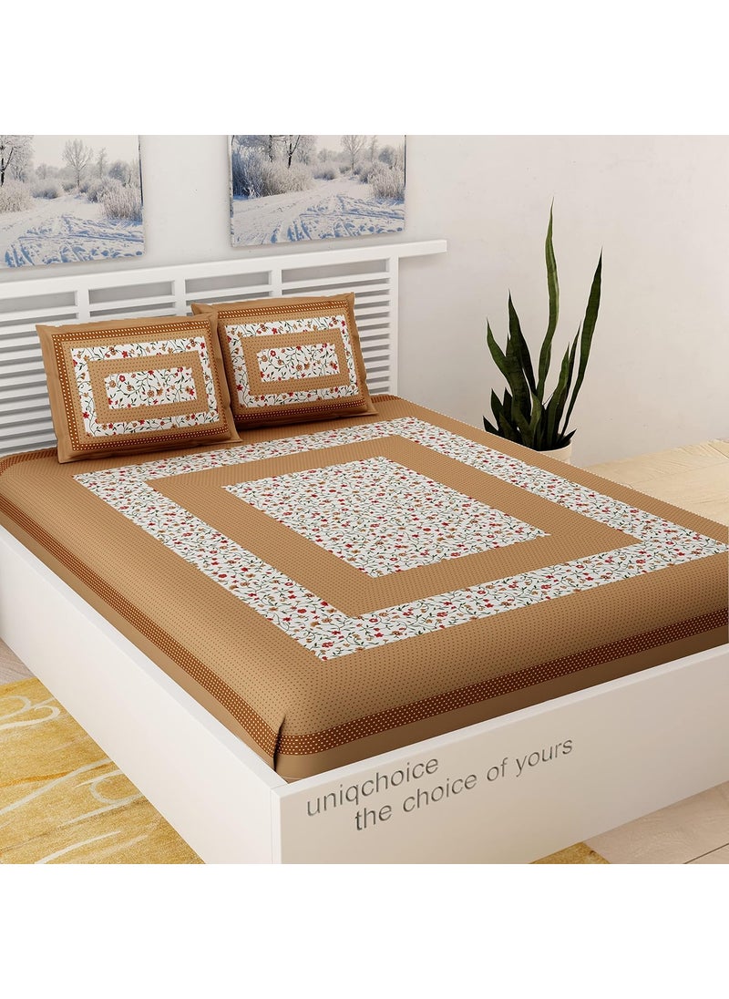 UniqChoice Rajasthani Traditional Printed Bedsheet| 120 Thread Count| 100% Cotton| Cotton Double Bedsheet with 2 Pillow Cover| King Size Bedsheet| Brown Color