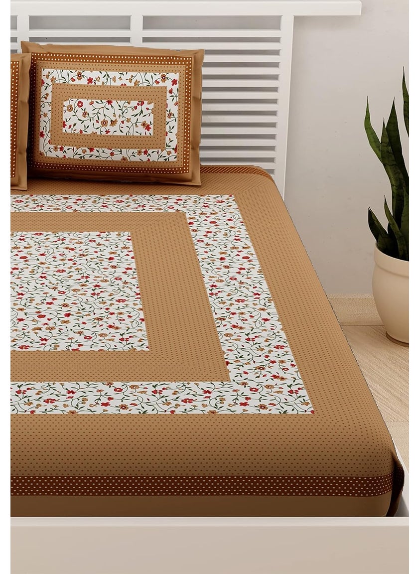 UniqChoice Rajasthani Traditional Printed Bedsheet| 120 Thread Count| 100% Cotton| Cotton Double Bedsheet with 2 Pillow Cover| King Size Bedsheet| Brown Color