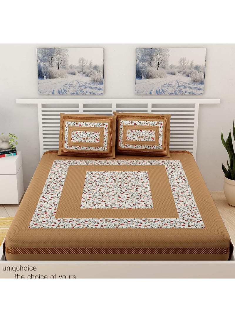 UniqChoice Rajasthani Traditional Printed Bedsheet| 120 Thread Count| 100% Cotton| Cotton Double Bedsheet with 2 Pillow Cover| King Size Bedsheet| Brown Color