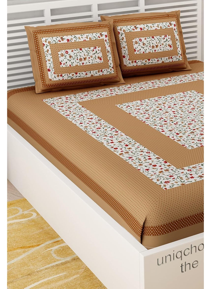 UniqChoice Rajasthani Traditional Printed Bedsheet| 120 Thread Count| 100% Cotton| Cotton Double Bedsheet with 2 Pillow Cover| King Size Bedsheet| Brown Color