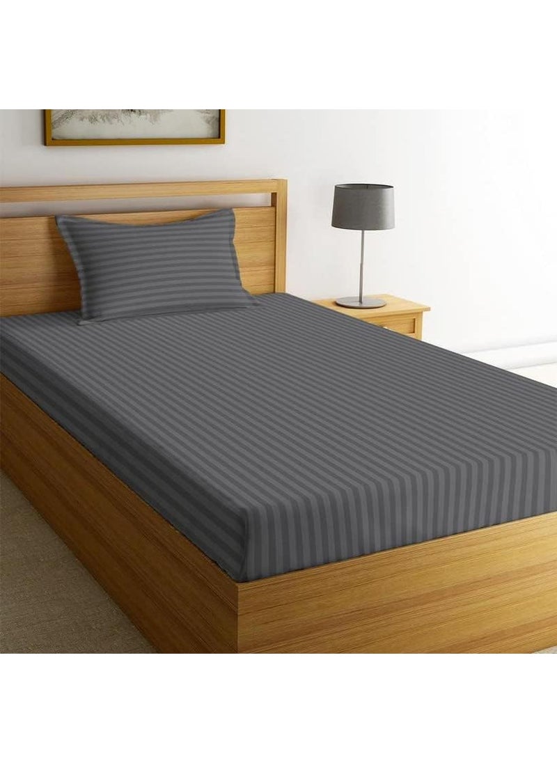 NEW LEAF Premium 100% Cotton Striped Elastic Fitted Bedsheets with 1 King Size Pillow Covers | Single Bed with All Around Elastic 180 TC Supersoft | Size - 36 x 78+6 inches | Grey
