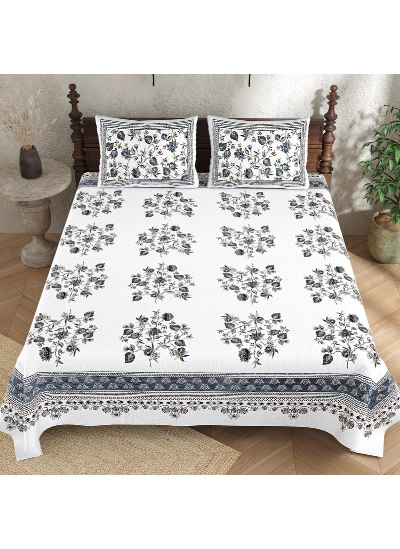 HOKIPO Bedsheet King Size Bed Cotton 300TC with 2 Pillow Covers Jaipuri Rajasthani Hand Block Print Majestic 108x108 Inches (IN-610-D2)