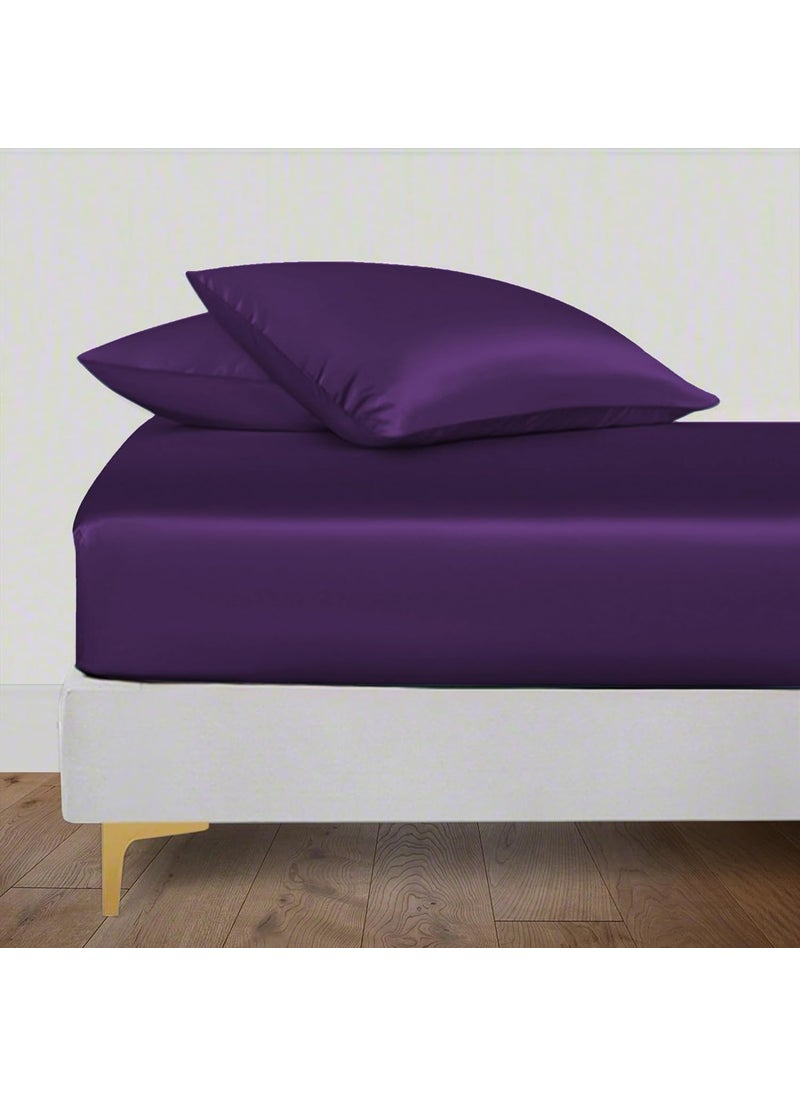 LINENWALAS Fitted Sheet with Pillowcases for Queen Size Bed, 100% Bamboo Elastic Fitted Sheet for Queen Bed, Fits Mattress up to 9-12 Inches Thick, Soft, Silkly Bed Sheet Set (Purple, 60x78 Inches)