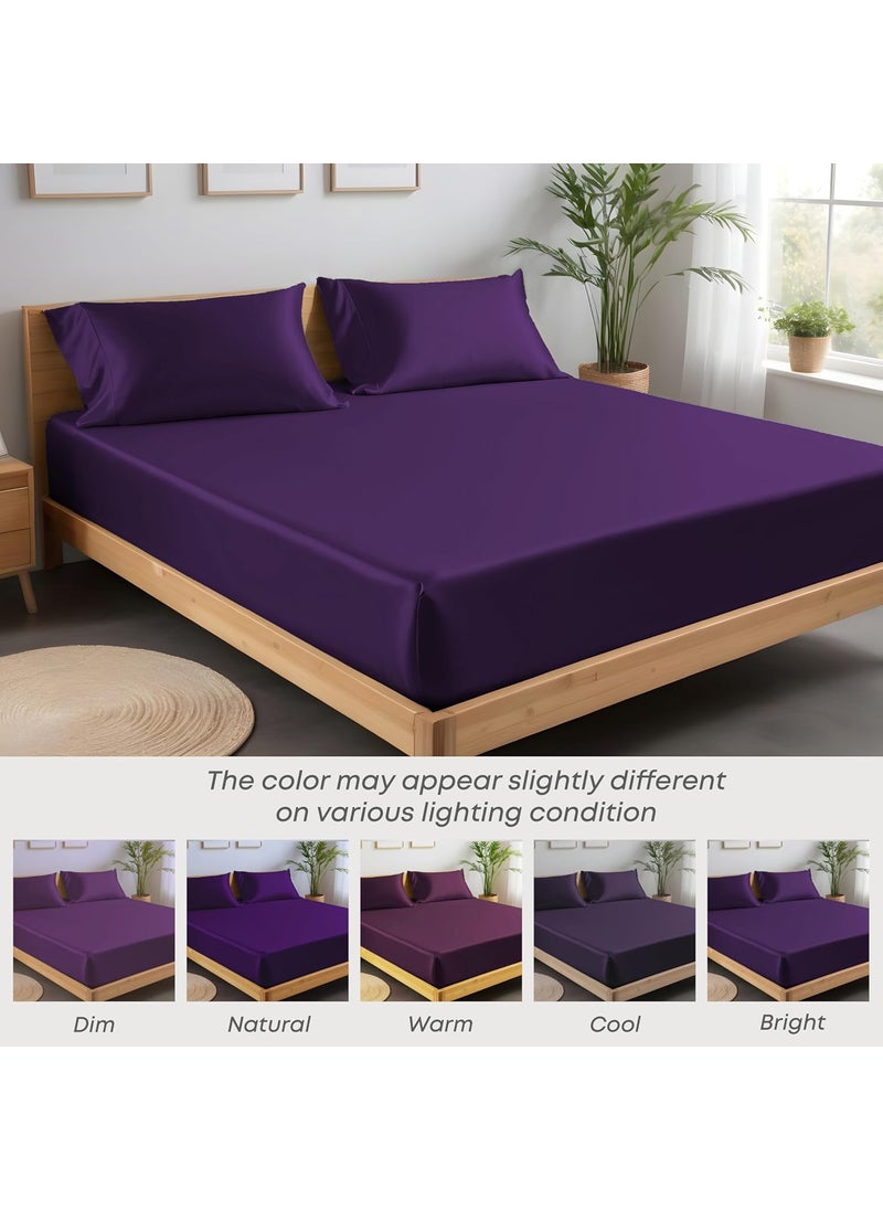 LINENWALAS Fitted Sheet with Pillowcases for Queen Size Bed, 100% Bamboo Elastic Fitted Sheet for Queen Bed, Fits Mattress up to 9-12 Inches Thick, Soft, Silkly Bed Sheet Set (Purple, 60x78 Inches)