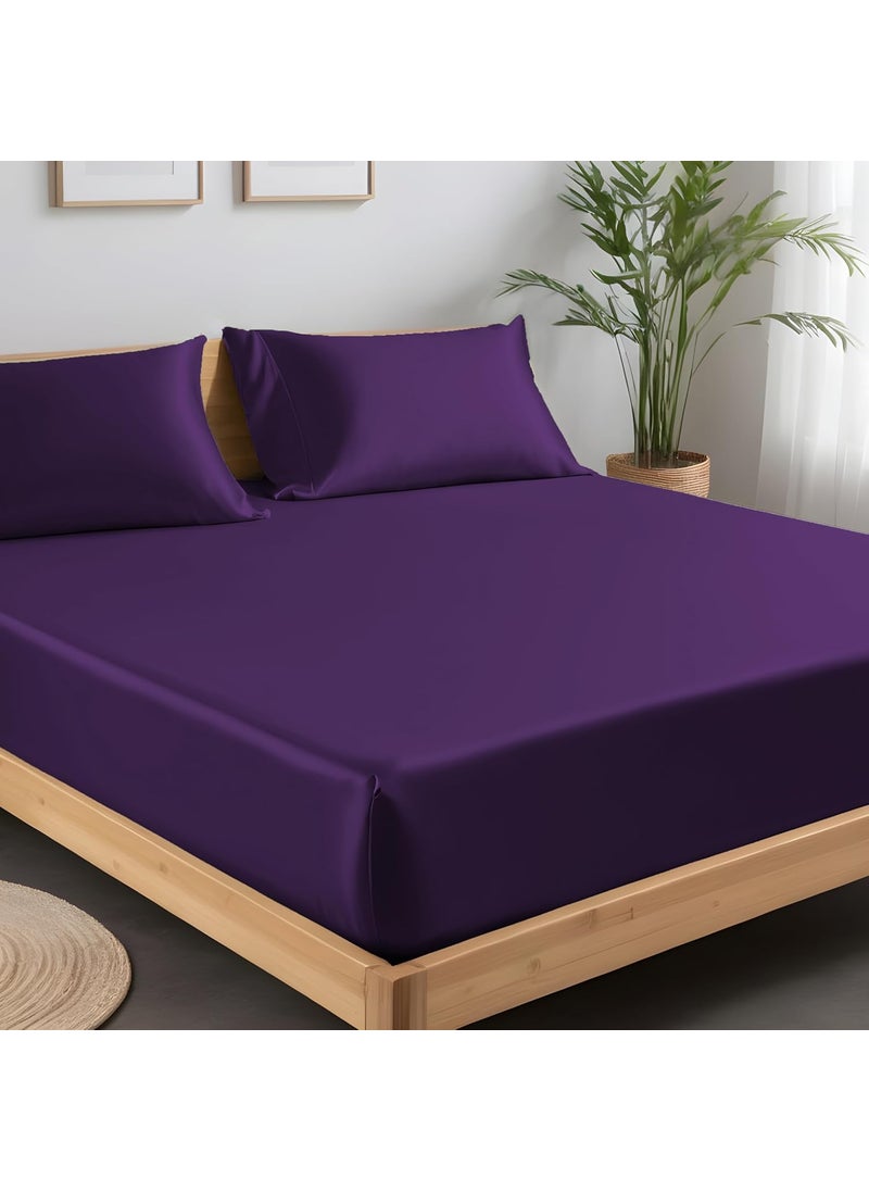 LINENWALAS Fitted Sheet with Pillowcases for Queen Size Bed, 100% Bamboo Elastic Fitted Sheet for Queen Bed, Fits Mattress up to 9-12 Inches Thick, Soft, Silkly Bed Sheet Set (Purple, 60x78 Inches)