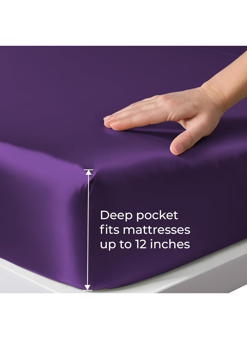 LINENWALAS Fitted Sheet with Pillowcases for Queen Size Bed, 100% Bamboo Elastic Fitted Sheet for Queen Bed, Fits Mattress up to 9-12 Inches Thick, Soft, Silkly Bed Sheet Set (Purple, 60x78 Inches)