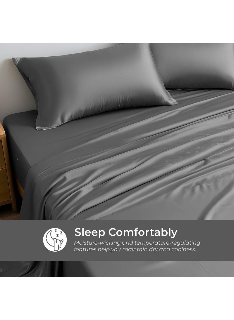 LINENWALAS 100% Vegan Bamboo Silk Bedsheet Set 300 TC, Natural Soft And Light-Weight, Best For Hair And Delicate Skin With 2 Pillows (Double,Grey)