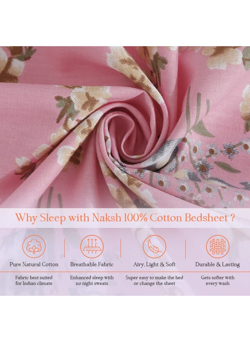 Naksh 100% Cotton 186 TC Floral Super King Size Bedsheet Cotton for Double Bed, Pink 01 |1 Cotton Bed Sheet Double Bed (108