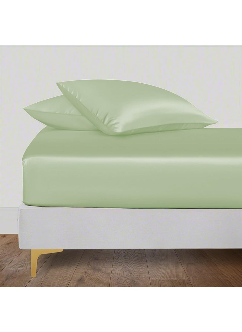 LINENWALAS Fitted Sheet with Pillowcases for Queen Size Bed, 100% Bamboo Elastic Fitted Sheet for Queen Bed, Fits Mattress up to 9-12 Inches Thick, Soft Silkly Bed Sheet Set (Sage Green, 60x78 Inches)