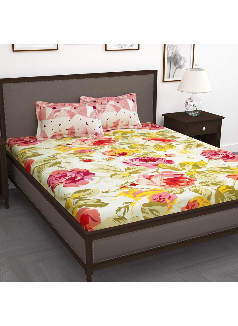 Story@Home 210 TC 100% Cotton Double King Size Bedsheet with 2 Pillow Covers (Pink & White)