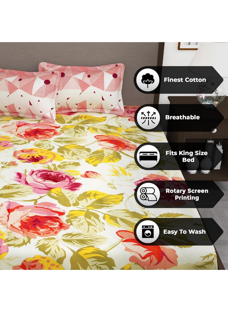 Story@Home 210 TC 100% Cotton Double King Size Bedsheet with 2 Pillow Covers (Pink & White)