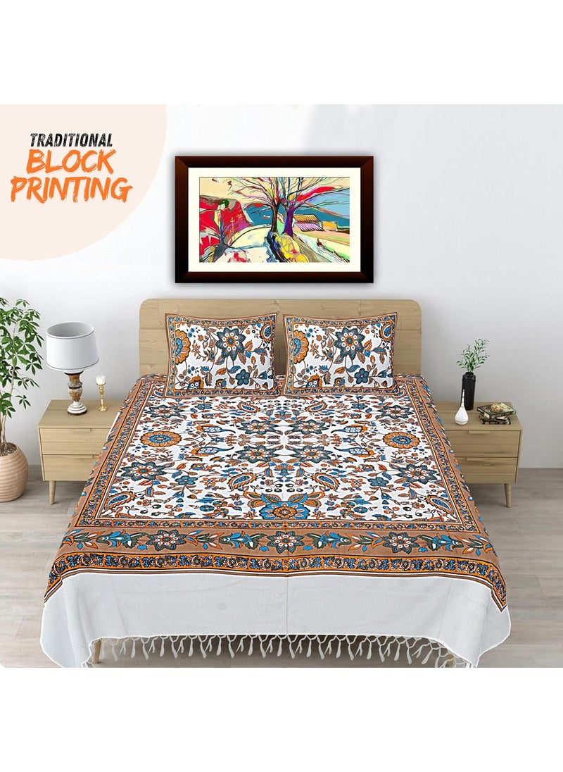Hashcart Cotton Bedsheet & Pillow Covers - Double Bed Chadar for Double Size with 2 Pillow Covers (8.25X7.50 Feet)