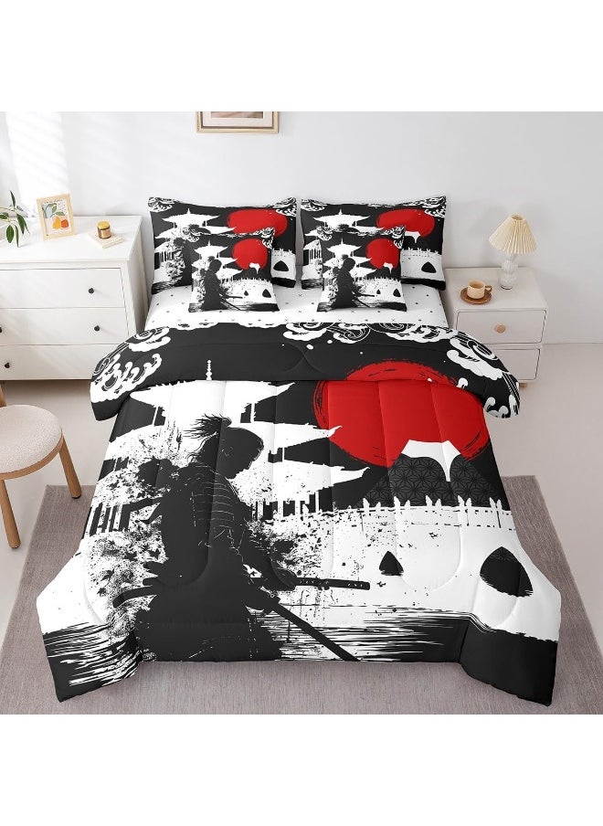 Feelyou Samurai Queen Size Comforter Set 7 Pieces for Boys Girls Kids Sunset Bed in a Bag with Comforter, Sheets, Pillowcases & Cushion Cover Red Sun Japanese Wave Japanese Ukiyoe Theme Bedding Set