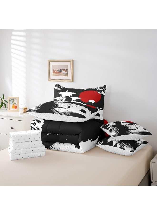 Feelyou Samurai Queen Size Comforter Set 7 Pieces for Boys Girls Kids Sunset Bed in a Bag with Comforter, Sheets, Pillowcases & Cushion Cover Red Sun Japanese Wave Japanese Ukiyoe Theme Bedding Set