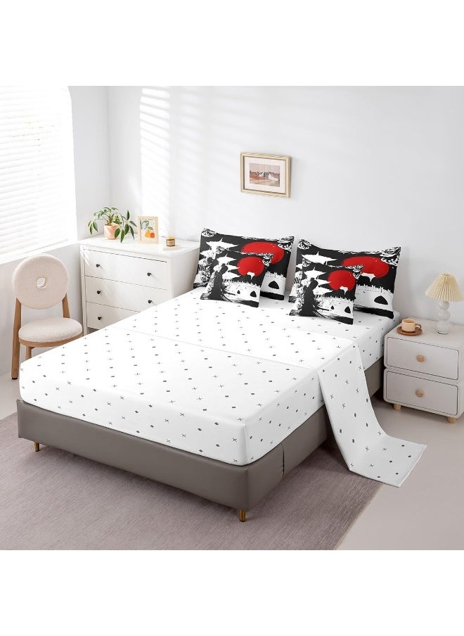 Feelyou Samurai Queen Size Comforter Set 7 Pieces for Boys Girls Kids Sunset Bed in a Bag with Comforter, Sheets, Pillowcases & Cushion Cover Red Sun Japanese Wave Japanese Ukiyoe Theme Bedding Set