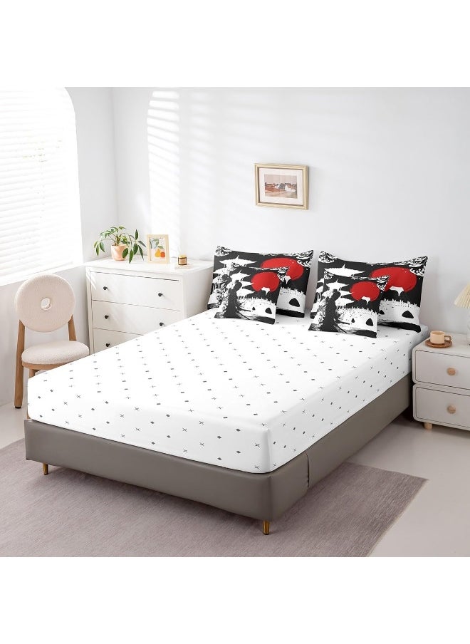 Feelyou Samurai Queen Size Comforter Set 7 Pieces for Boys Girls Kids Sunset Bed in a Bag with Comforter, Sheets, Pillowcases & Cushion Cover Red Sun Japanese Wave Japanese Ukiyoe Theme Bedding Set