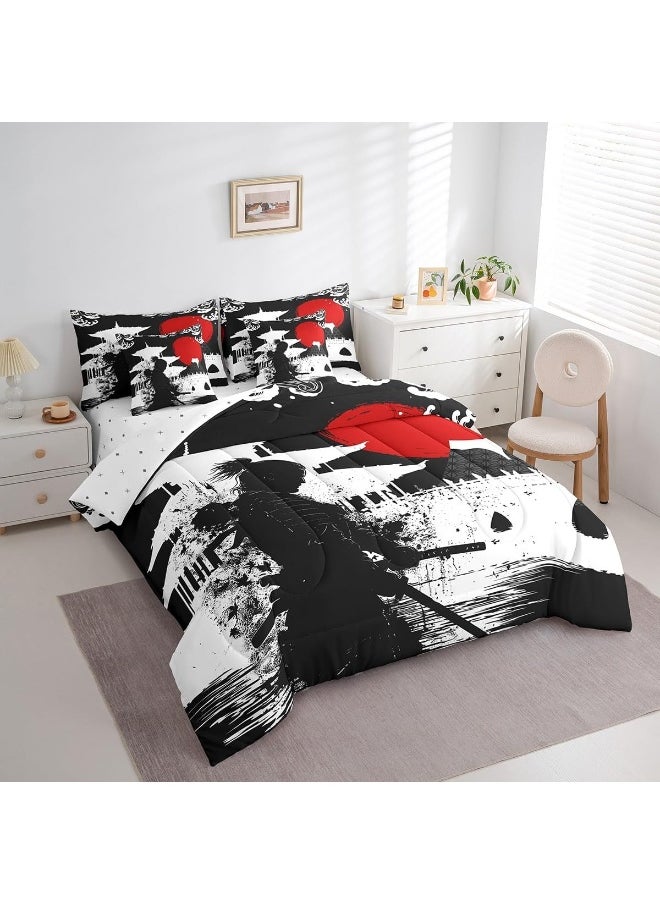 Feelyou Samurai Queen Size Comforter Set 7 Pieces for Boys Girls Kids Sunset Bed in a Bag with Comforter, Sheets, Pillowcases & Cushion Cover Red Sun Japanese Wave Japanese Ukiyoe Theme Bedding Set