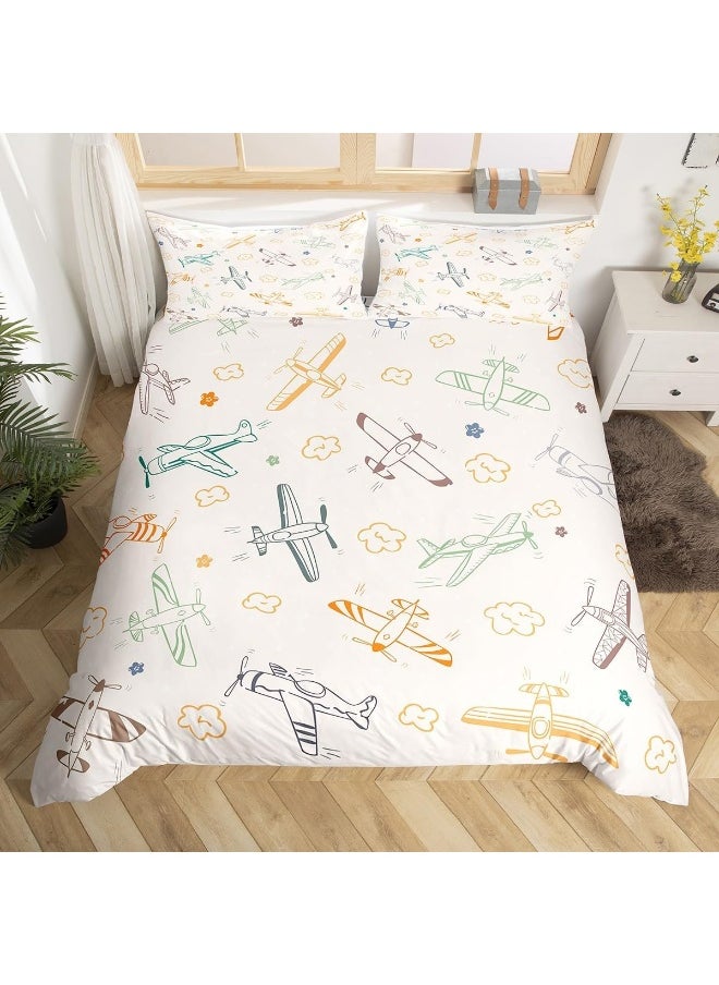 Kids Colorful Airplane Duvet Cover Set Twin Size, 2 Pcs Breathable Cartoon Airplanes Bedding Sets (1 Duvet Cover + 1 Pillowcase), Aircraft Sketch Printed Comforter Cover Set for Teens Boys (No Comforter)