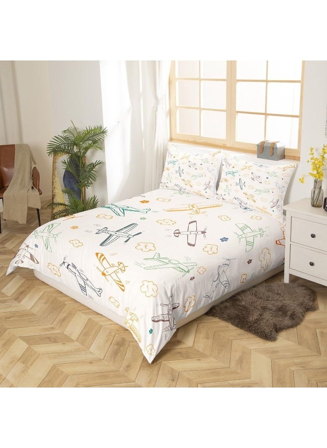 Kids Colorful Airplane Duvet Cover Set Twin Size, 2 Pcs Breathable Cartoon Airplanes Bedding Sets (1 Duvet Cover + 1 Pillowcase), Aircraft Sketch Printed Comforter Cover Set for Teens Boys (No Comforter)