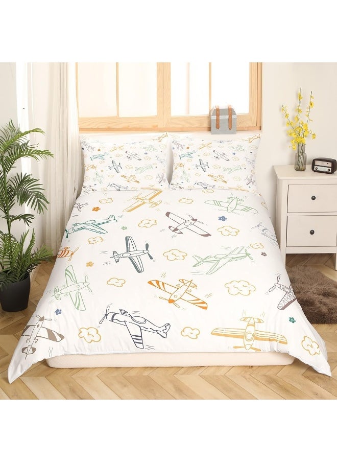 Kids Colorful Airplane Duvet Cover Set Twin Size, 2 Pcs Breathable Cartoon Airplanes Bedding Sets (1 Duvet Cover + 1 Pillowcase), Aircraft Sketch Printed Comforter Cover Set for Teens Boys (No Comforter)