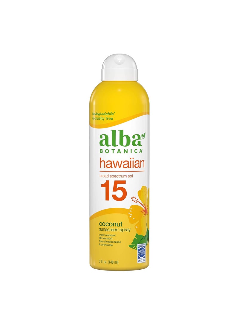 Alba Botanica Sunscreen Spray for Face and Body Broad Spectrum SPF 15 Sunscreen Hawaiian Coconut Water Resistant and Biodegradable 5 fl oz Bottle