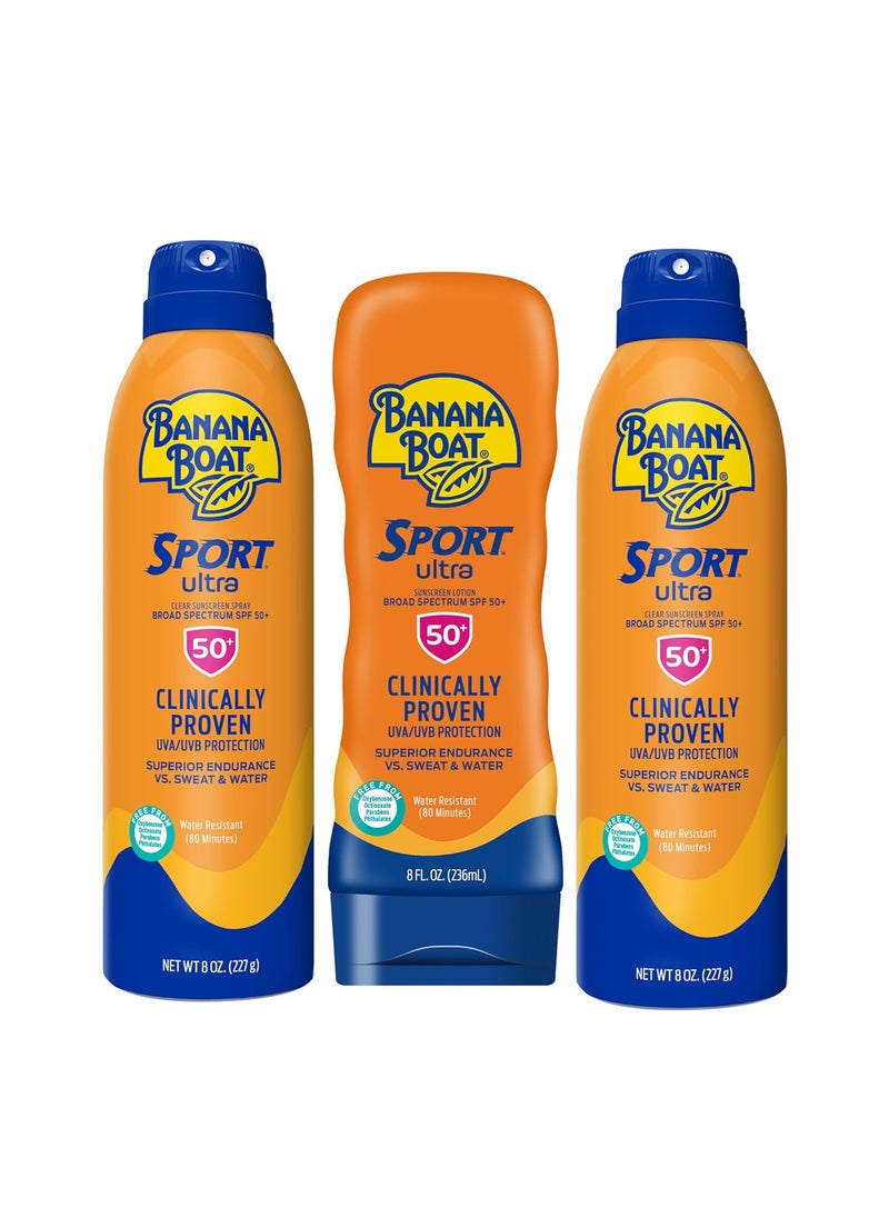 Banana Boat Sport Ultra SPF 50 Sunscreen Triple Pack  Banana Boat Sunscreen Spray  Lotion SPF 50 Spray On Sunscreen Water Resistant Sunscreen Oxybenzone Free Pack of 3 8oz each