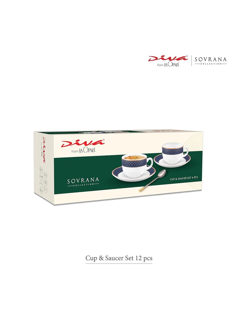 Diva from La Opala Sovrana Collection, Opal Glass Cup & Saucer Set 12 Pcs, Regent Blue, White