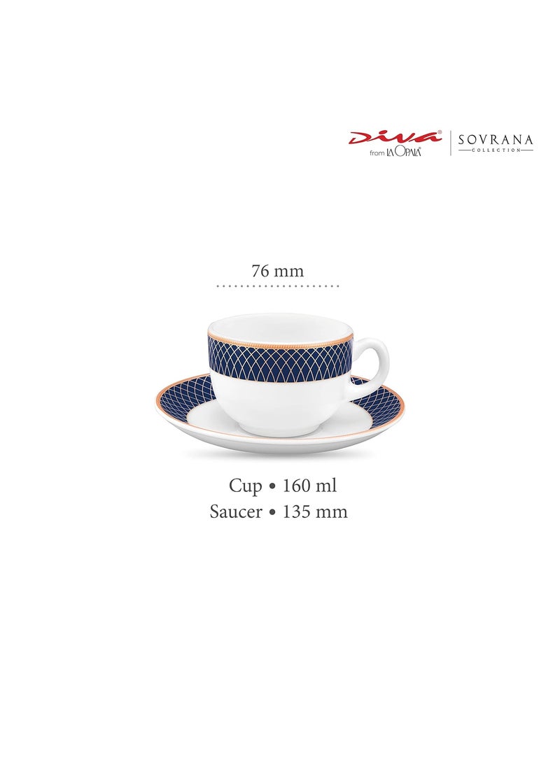 Diva from La Opala Sovrana Collection, Opal Glass Cup & Saucer Set 12 Pcs, Regent Blue, White