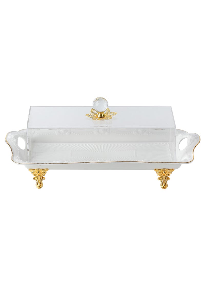 Life Smile Cake Serving Tray With Cover -Bone China Spill Proof Rectangular Countertop Decorative Tray For Appetizer, Cake, Candy, Sweets, Fruit, Bread tray for Home & Office