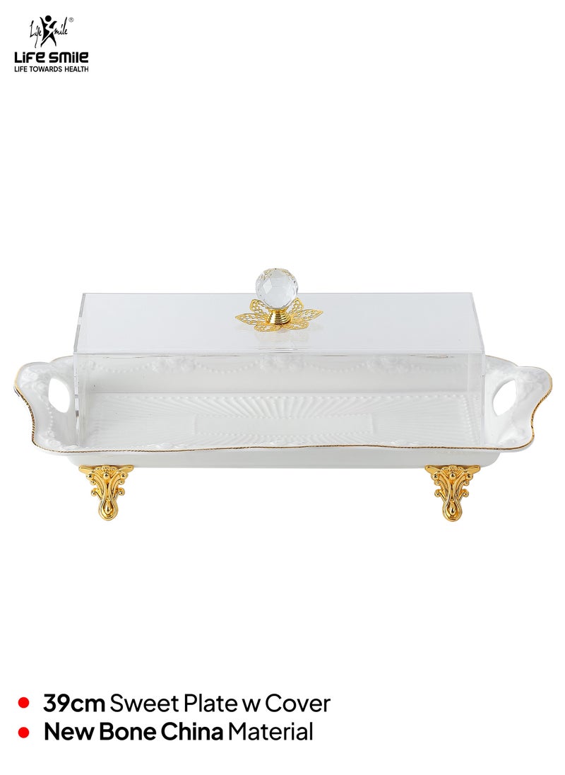 Life Smile Cake Serving Tray With Cover -Bone China Spill Proof Rectangular Countertop Decorative Tray For Appetizer, Cake, Candy, Sweets, Fruit, Bread tray for Home & Office