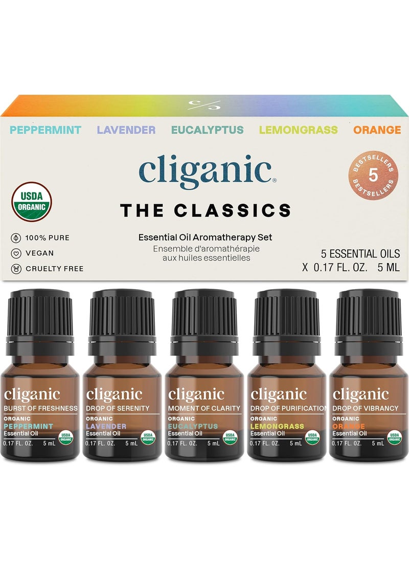 Cliganic USDA Organic Aromatherapy Essential Oils Set (Top 5), 100% Pure Natural - Peppermint, Lavender, Eucalyptus, Lemongrass & Orange